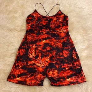 SHEIN Red Flame Dragon Spandex Criss Cross Rave Club Fantasy Romper XL